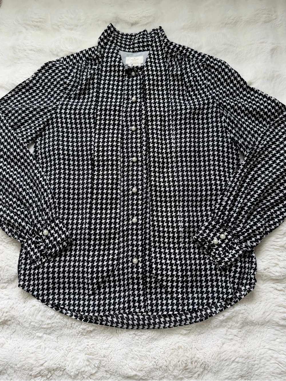 Kate Spade New York Black and White Houndstooth Tie-Neck Blouse - XS